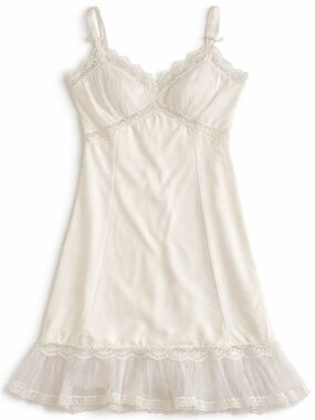 Lace-Trim Cream Slip Chemise with Ruffle Hem